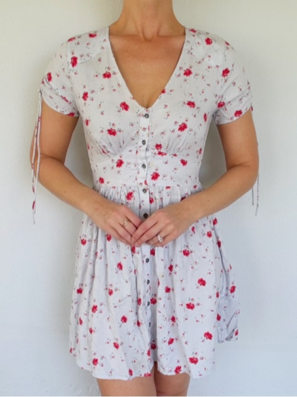 Billabong blue pink floral v-neck short sleeve button mini dress size XS